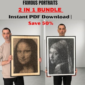 May include: Two rectangular framed string art portraits featuring the Mona Lisa and Girl with a Pearl Earring. The text reads FAMOUS PORTRAITS 2 IN 1 BUNDLE Instant PDF Download | Save 50%. The artwork consists of black thread on a light background.