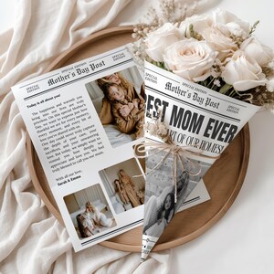 Modelo de jornal editável para o Dia das Mães para avó ou mãe, presente personalizado, lembrança para impressão, modelo Canva, cartão exclusivo para o Dia das Mães