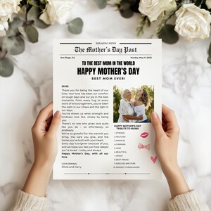Modelo de jornal editável para o Dia das Mães para avó ou mãe, presente personalizado, lembrança para impressão, modelo Canva, cartão exclusivo para o Dia das Mães