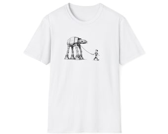 Boy Walking an AT-AT on a Leash - Retro Sci-Fi Humor T-Shirt | White Ink Design