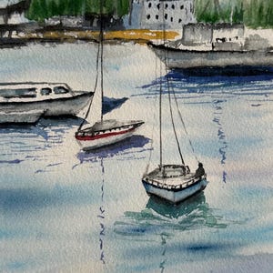 Hafenblick – Aquarell originale / Boote & Marina / Maritime Wandkunst Harbour Reflections – Acquerello originale di barche e scena marina