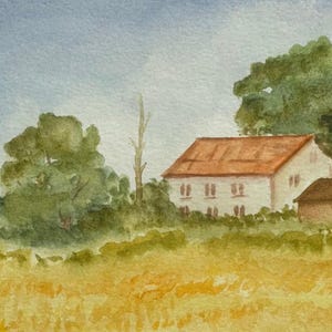 Original Aquarell Landschaft – Country House Watercolor | GoldenBauernhaus Malerei | Hand-painted Art | Wanddeko Wall Decor| Home Decoration