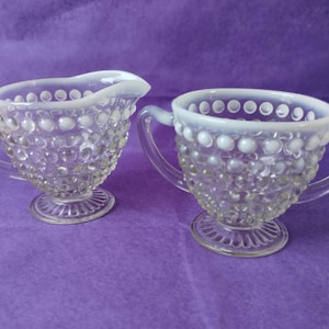 Opalescent Hobnail Glass from Anchor Hocking Called Moonstone; Creamer & Sugar Bowl Set