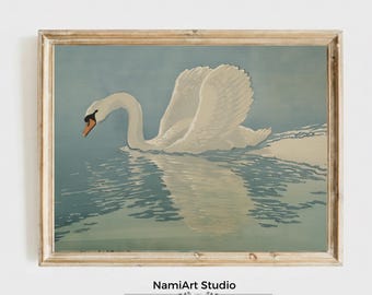 Impresión artística de cisne vintage, elegante ilustración de pájaro retro, decoración de pared minimalista, estética clásica, póster imprimible/descarga digital
