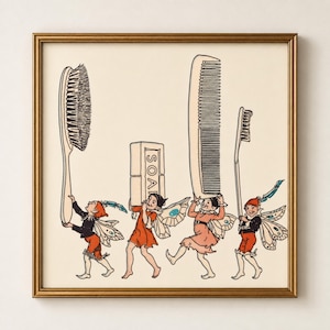 Puede incluir: Una ilustración enmarcada que muestra cuatro figuras aladas cargando artículos de aseo personal. Las figuras sostienen un cepillo para el cabello, una pastilla de jabón rectangular con la palabra SOAP, un peine y un cepillo de dientes.