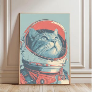 Retro Space Cat Astronaut Digital Poster Printable Wall Art | High Resolution Cat Illustration for Home Office Nursery Decor