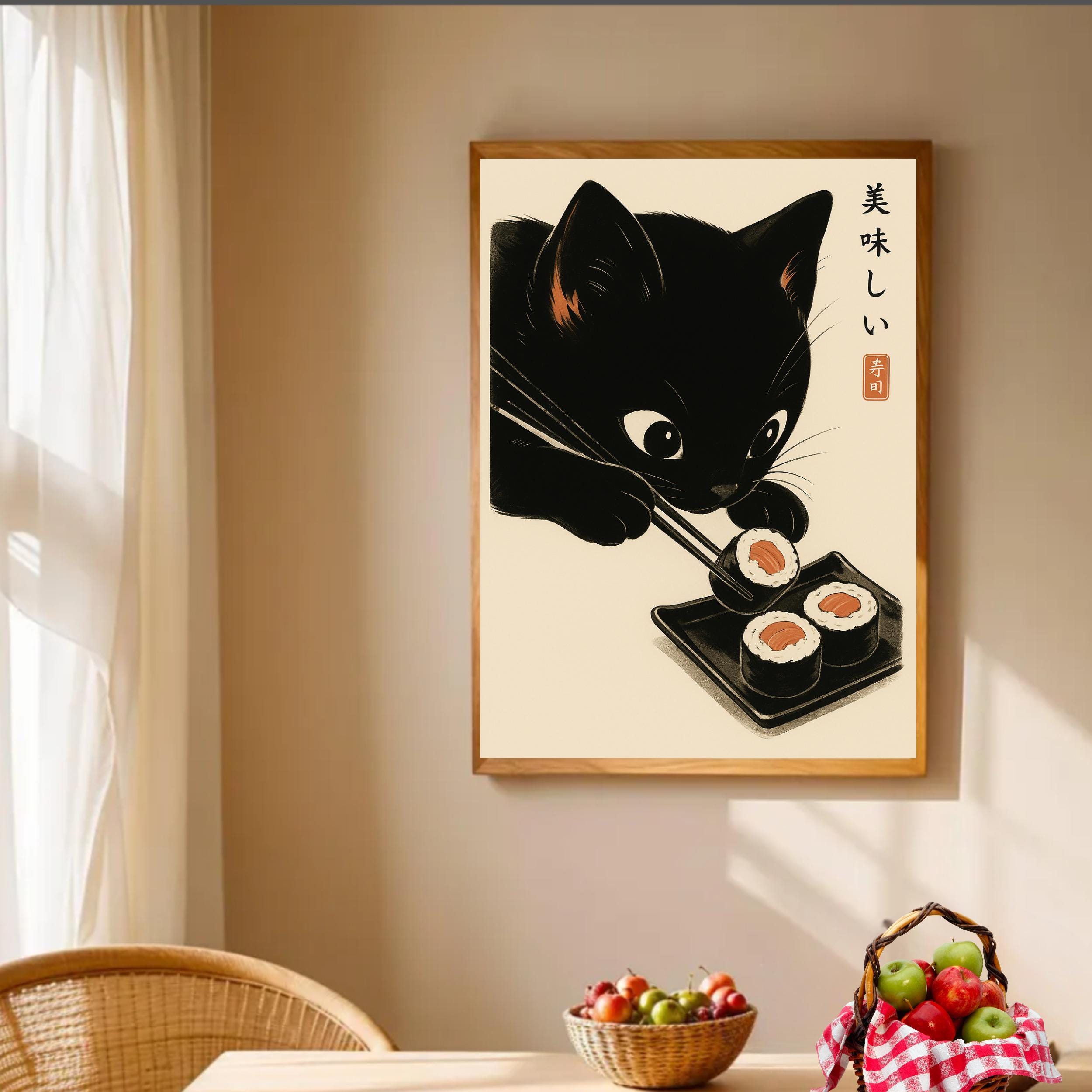 Kawaii Black Cat Sushi Print | Japanese Anime Kitchen Art | Cute Food ...