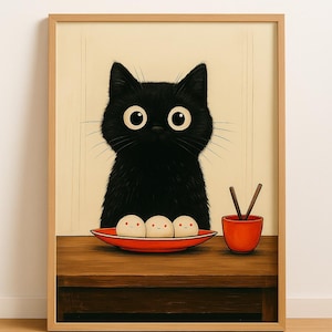 Japan Cat Illustration Print, Steamed Puns Food, Cat Poster, Wall Art, Printable, Home Decor, Downloadable, Wall Decor, Digital Download