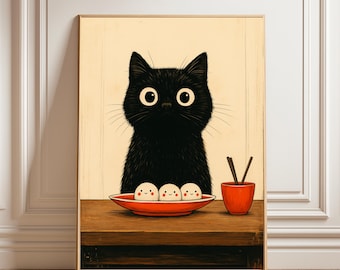 Japan Katze Illustration Druck | Kawaii Essen Kunst Poster | Süßes Anime Küche Dekor | Japanische Cartoon Wandkunst | Digitaler Download Druck