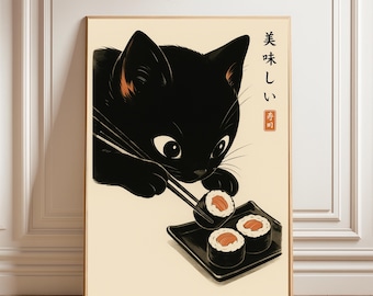 Kawaii Black Cat Sushi Print | Japanese Anime Kitchen Art | Cute Food Illustration | Sushi Lover Wall Decor | Digital Download