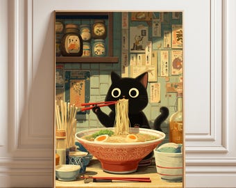 Black Cat Ramen Japanese Art Print | Kawaii Anime Kitchen Decor | Cute Noodle Illustration | Japanese Food Wall Art | Digital Poster