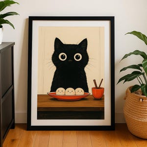 日本の猫のイラストプリント、蒸し料理、猫のポスター、壁アート、印刷可能、ホームデコレーション、ダウンロード可能、壁飾り、デジタルダウンロード