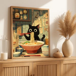 ヌードル黒猫ポスター東京アートプリント江戸時代ラーメン麺アート日本黒猫ポスターお腹を空かせた猫キッチンウォールアート