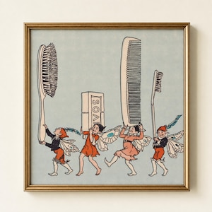 Peut inclure: Une illustration encadrée sur fond bleu clair représentant quatre personnages ailés portant des articles de toilette. Les personnages tiennent une brosse à cheveux, un pain de savon rectangulaire marqué SOAP, un grand peigne et une brosse à dents.