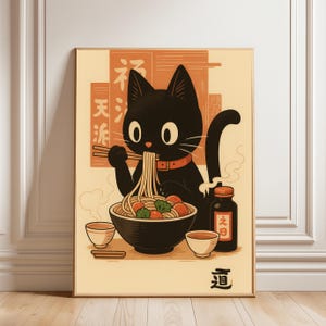 Cute Black Cat Eating Ramen Noodles Japanese Art Print – Kawaii Noodle Cat Wall Decor – Anime Inspired Kitchen Poster for Cat Lovers