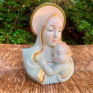 Vintage Mid-Century Madonna Mary and Child Ceramic Planter Gold Accents, Religious Home Decor