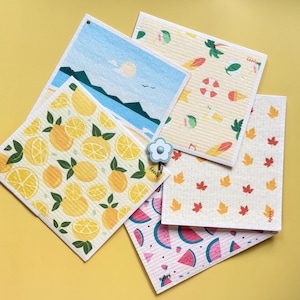 Toalhas de papel reutilizáveis | Toalhas de cozinha | Conjunto de 3 + Gancho decorativo | Suporte para toalhas de papel | Pano de prato sueco | Festa de inauguração | Reutilizáveis felizes