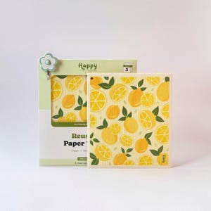 Happy Reusables | Toalhas de papel reutilizáveis Citrus Lemon | Pacote com 3 + Gancho decorativo | Panos de cozinha ecológicos, absorventes e biodegradáveis