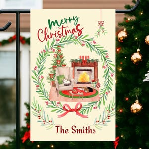 Personalized Merry Christmas Fireside Garden Flag, Holiday Garden Flag, Christmas Garden Flag, Winter Garden Flag, Christmas Garden Decor
