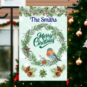 Personalized Merry Christmas Bluebird Garden Flag, Holiday Garden Flag, Christmas Garden Flag, Bird Lover Flag, Winter Nature Garden Flag