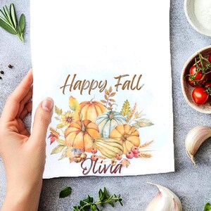 Happy Fall Watercolor Pumpkin Autumn Kitchen Tea Towel, 18&quot; x 30&quot; Thanksgiving Kitchen Towel, Personalized Autumn Decor, Harvest Dish Towel