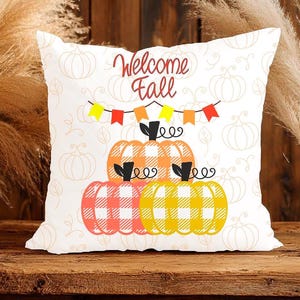 Welcome Fall Rustic Plaid Pumpkin Outdoor Pillow, Thanksgiving Pillow, Plaid Autumn Decor, Fall Pumpkin Porch Pillow, Harvest Farm Decor