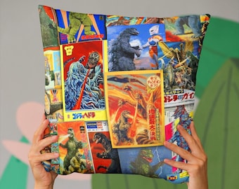 Godzilla Pillow | Retro Movie Poster Collage Cushion | Vintage Kaiju Monster Throw Pillow for Fans