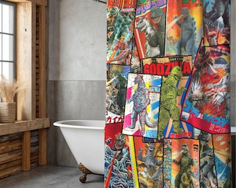 Godzilla Shower Curtain | Vintage Kaiju Bathroom Decor Gift for Monster Fans