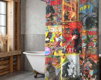 Vintage Godzilla Magazine Shower Curtain – Retro Kaiju Monster Art, Japanese Sci-Fi Bathroom Decor