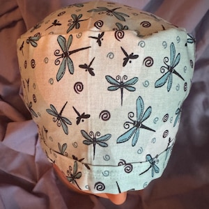 Dragonfly  gorgeous surgery scrub hat with soft swirls of blues