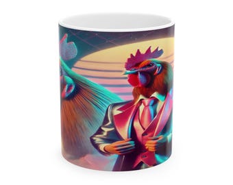 Retro Rooster Ceramic Mug: Funky 80s Coffee Cup