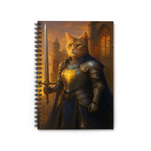 Paladin Cat Notebook - Spiral Fantasy Journal Featuring Glowing Warrior Cat in Golden Armor, Magical Gift for Writers & Cat Lovers