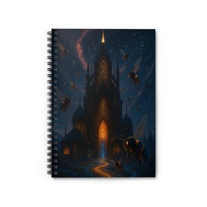 Puede incluir: Cuaderno de espiral con una ilustración de fantasía de un castillo oscuro con ventanas brillantes y un camino que conduce a la entrada. La imagen incluye abejas voladoras y un cielo estrellado, creando un tema caprichoso y mágico.