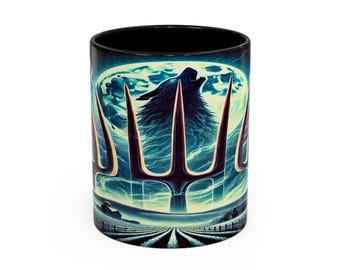 Mystical Wolf & Pitchfork Mug: Dreamy Night Sky Coffee Cup