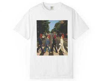 Abbey Road Chicken T-Shirt - Funny Beatles Parody Tee with Roosters Crossing, Classic Music Humor Shirt for Poultry & Rock Fans