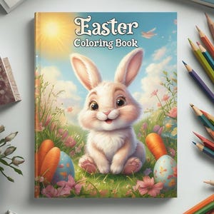 Op de afbeelding: Een kleurboekomslag met een schattig cartoonkonijn met grote ogen en een gelukkige uitdrukking. Het konijn zit in een veld met bloemen, paaseieren en wortels. De omslag heeft de tekst "Easter Coloring Book" in een speels lettertype.