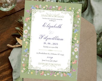 Modello per invito di nozze con fiori di campo - Invito di nozze con giardino floreale - Salva la data - Invito floreale - Scarica l'invito di nozze