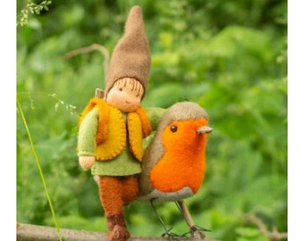 Gnome with Robin KIT-  felt doll bird decoration, pattern, sewing.