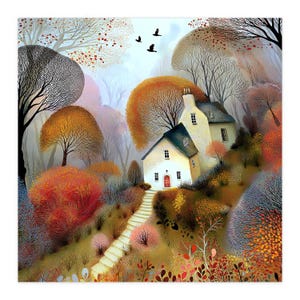 May include: A digital illustration of a cream-coloured cottage with a red door, situated on a hillside surrounded by autumn trees in shades of orange, yellow, and brown. A stone staircase leads to the house, and three black birds fly in the sky.