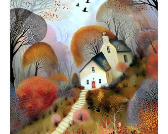 Op de afbeelding: Een digitale illustratie van een crèmekleurig huisje met een rode deur, gelegen op een heuvel omringd door herfstbomen in tinten oranje, geel en bruin. Een stenen trap leidt naar het huis en drie zwarte vogels vliegen in de lucht.