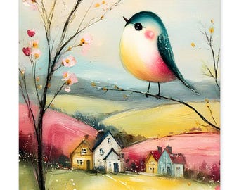 Op de afbeelding: Een kleurrijk schilderij van een vogel op een tak, tegen een achtergrond van glooiende heuvels en schilderachtige huizen. De vogel heeft een blauwe kop, een gele buik en roze accenten. Het landschap toont roze, gele en groene velden, met een zachte, dromerige kwaliteit.