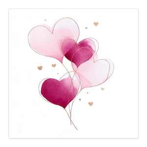 May include: A watercolor illustration featuring a cluster of heart-shaped balloons in shades of light pink and deep magenta. Each heart is outlined with a thin, shimmering copper-colored line, and small copper-colored dots are scattered around.