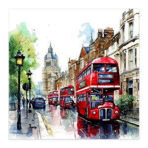May include: Watercolor painting of a London street scene with red double-decker buses. The artwork depicts a wet street with reflections, buildings, and streetlights. The buses have the route number 19 and 12. The style is reminiscent of a travel poster.
