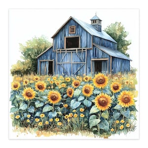 May include: Watercolor painting of a blue barn with open doors, set in a field of sunflowers. The sunflowers have bright yellow petals and dark brown centers. Green foliage and a blue sky complete the rural scene.
