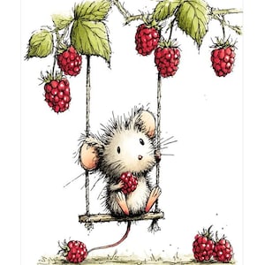 May include: A whimsical ink and watercolor illustration of a small, fluffy white mouse sitting on a wooden swing suspended from a raspberry vine. The mouse holds a red raspberry, while several other ripe red raspberries hang from green leaves.