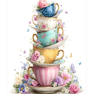Può includere: Illustrazione di sei tazze da tè e piattini impilati. Ogni tazza presenta un design diverso, tra cui pois e motivi floreali, ed è decorata con fiori e farfalle. Le tazze sono in vari colori, creando un'estetica stravagante ed elegante.