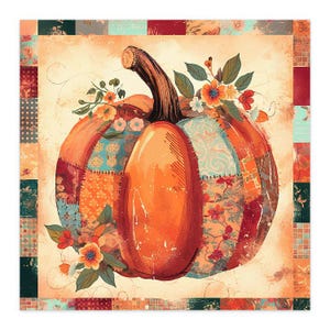 May include: A watercolor painting of a pumpkin with a patchwork design. The pumpkin is orange with sections of patterned fabric in shades of blue, red, and orange. Floral accents and a decorative border complete the fall-themed artwork.