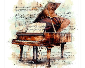 Può includere: Dipinto ad acquerello di un pianoforte a coda con spartiti. Il pianoforte è marrone con tasti neri e poggia su quattro gambe. Lo sfondo presenta note musicali e un morbido lavaggio artistico di colori.