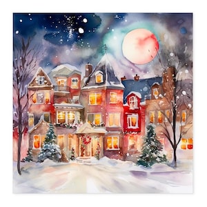 May include: A watercolour illustration of a row of multi-storey brick houses covered in snow during a winter night. A large, pale moon hangs in the dark sky above the buildings. The windows are glowing with warm light, and evergreen trees stand.