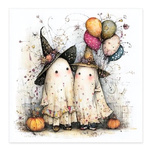 May include: A whimsical illustration of two ghost figures wearing pointed witch hats and floral-patterned sheets. The ghosts hold a cluster of colorful balloons and stand beside two orange pumpkins, surrounded by delicate, sketchy floral line art.